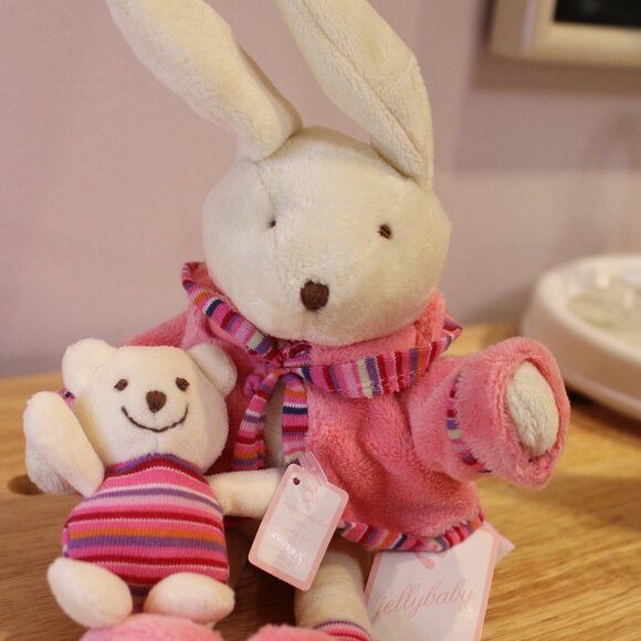 Jellycat NWT jellybaby PJ bunny pink holding baby bear ex condition - Picture 1 of 6